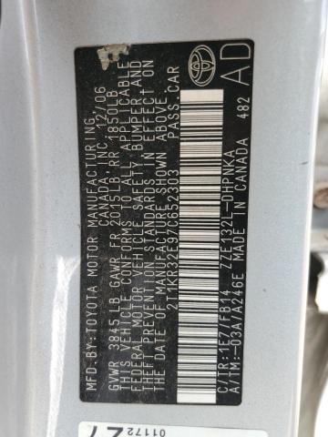 2T1KR32E97C652303 - 2007 TOYOTA COROLLA MA XR SILVER photo 12