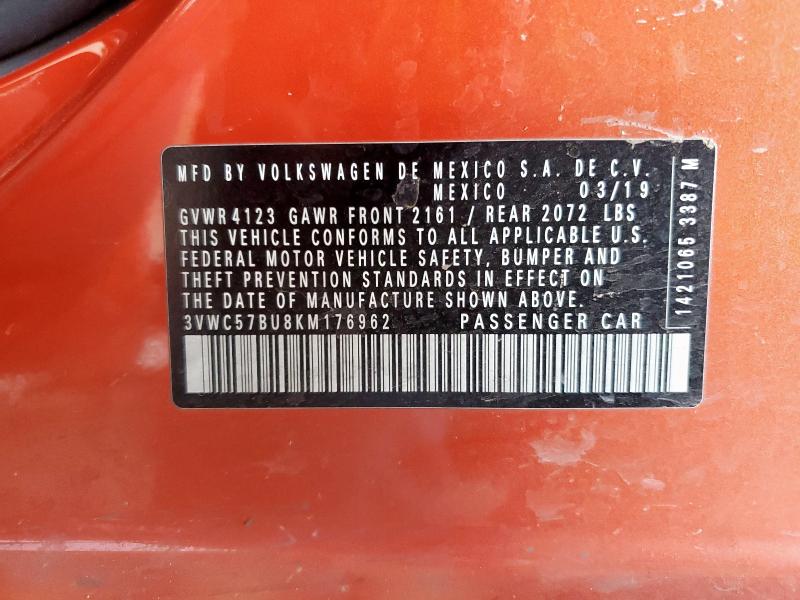 3VWC57BU8KM176962 - 2019 VOLKSWAGEN JETTA S 橙色 照片 12