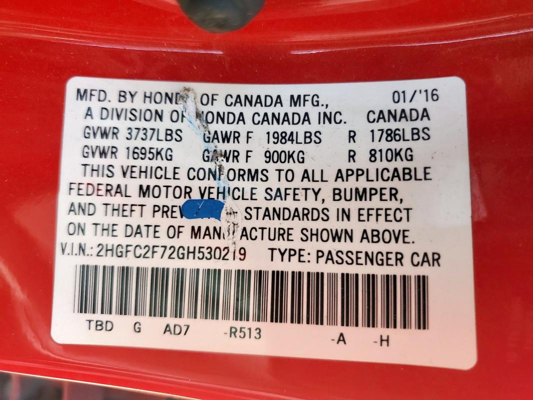 2HGFC2F72GH530219 - 2016 HONDA CIVIC EX RED photo 12