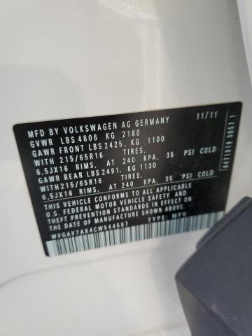 WVGAV7AX4CW544587 - 2012 VOLKSWAGEN TIGUAN S Ağ foto 12