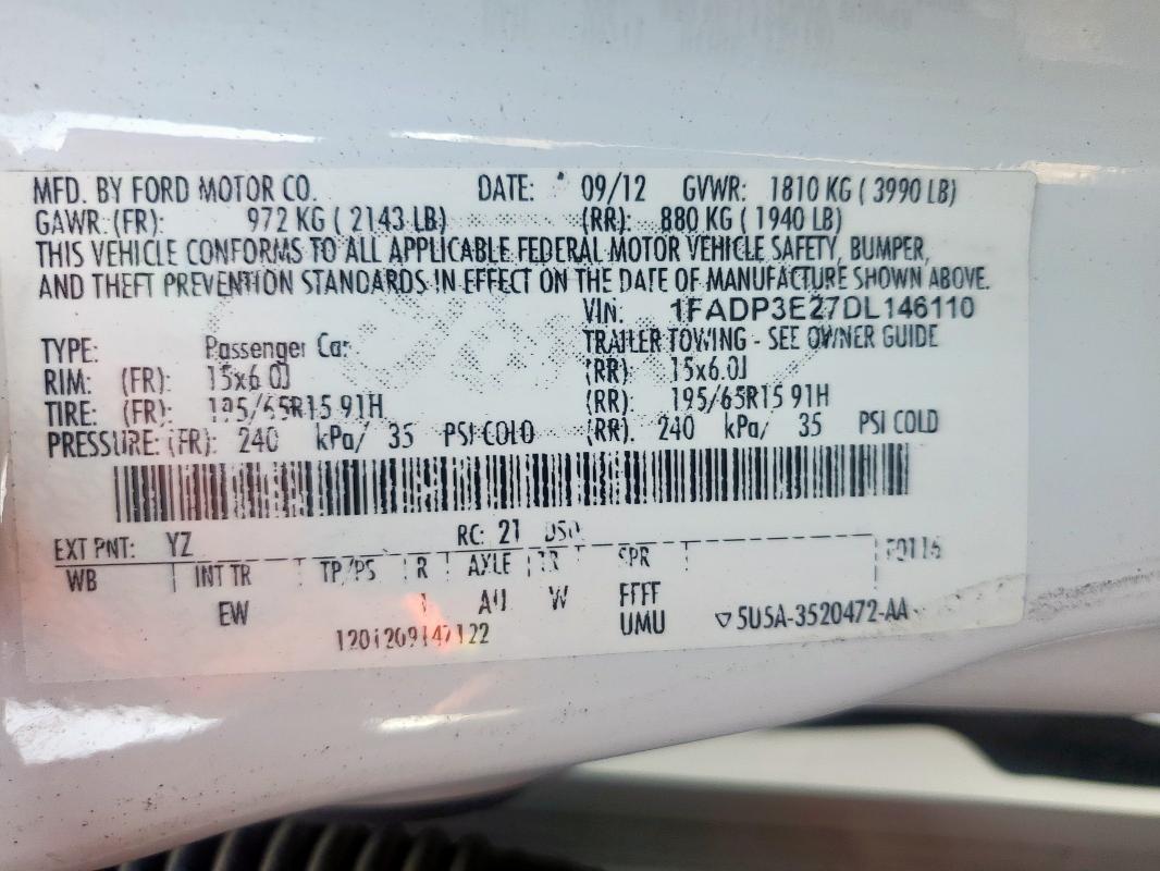 1FADP3E27DL146110 - 2013 FORD FOCUS S WHITE photo 13