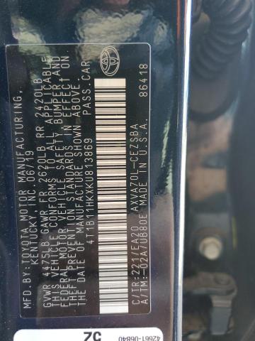 4T1B11HKXKU813869 - 2019 TOYOTA CAMRY L BLACK photo 12