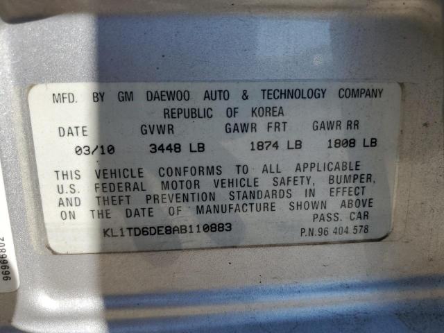 KL1TD6DE8AB110883 - 2010 CHEVROLET AVEO LS 银色 照片 13
