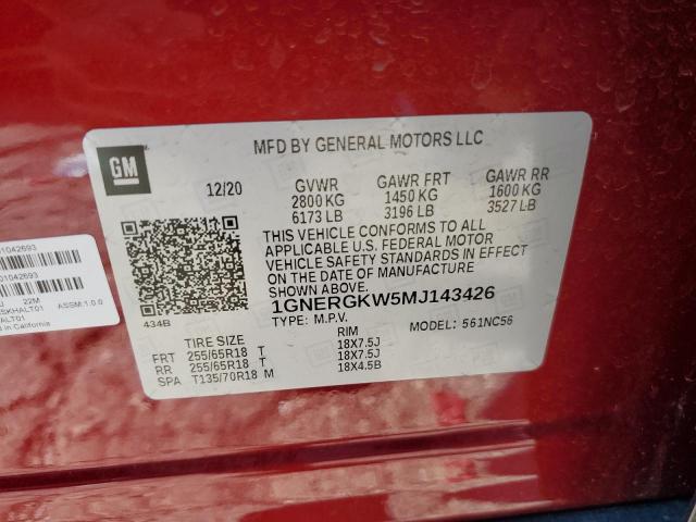 1GNERGKW5MJ143426 - 2021 CHEVROLET TRAVERSE LT RED photo 13