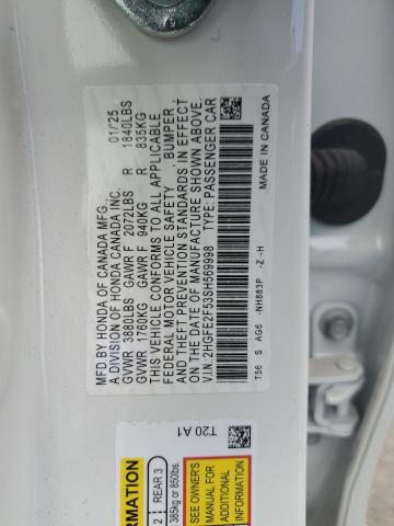 2HGFE2F53SH569998 - 2025 HONDA CIVIC SPORT 白色 照片 12