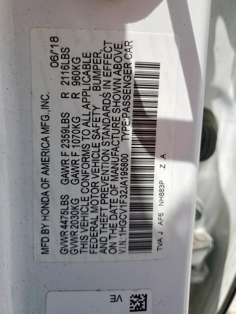 1HGCV1F32JA195800 - 2018 HONDA ACCORD SPORT Blanc photo 12