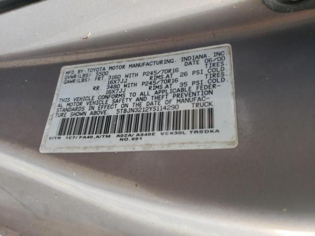 5TBJN3212YS114290 - 2000 TOYOTA TUNDRA REG GRAY photo 10