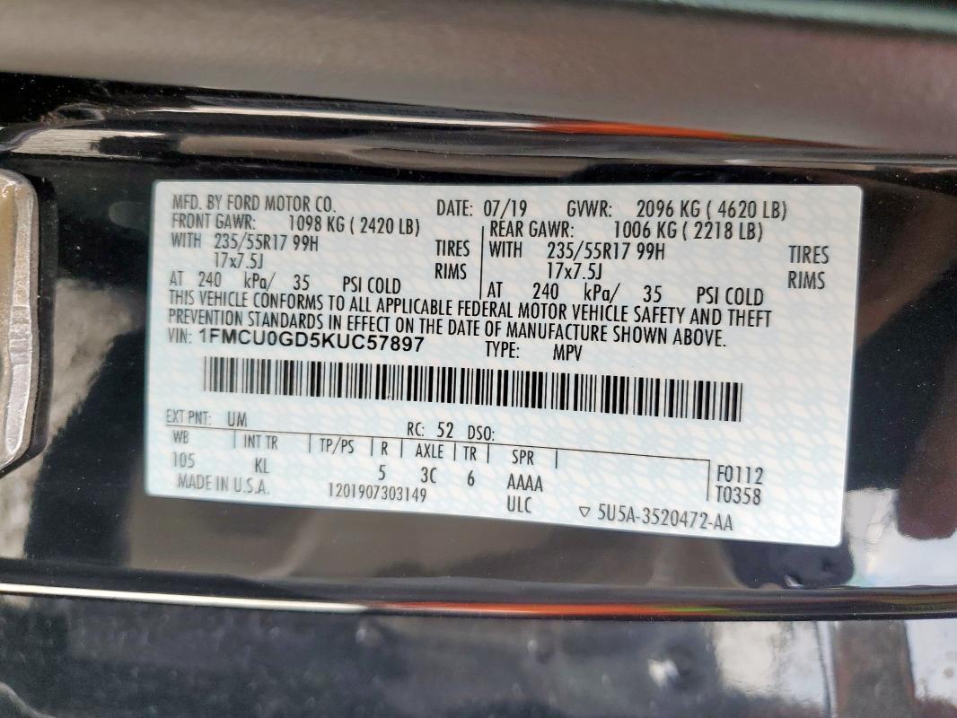 1FMCU0GD5KUC57897 - 2019 FORD ESCAPE SE Qara foto 13