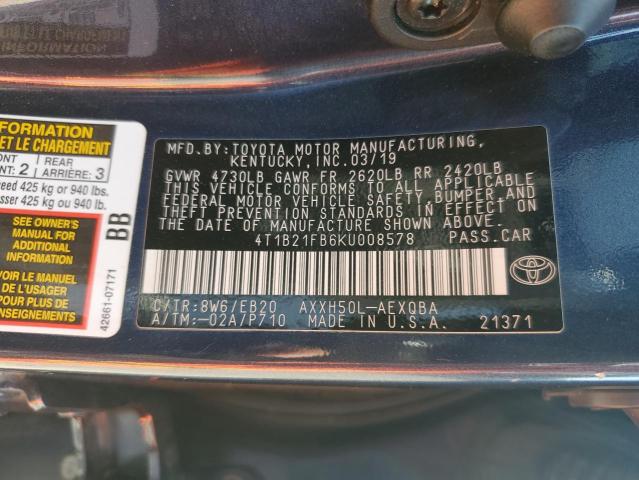 4T1B21FB6KU008578 - 2019 TOYOTA AVALON XLE Mavi foto 12