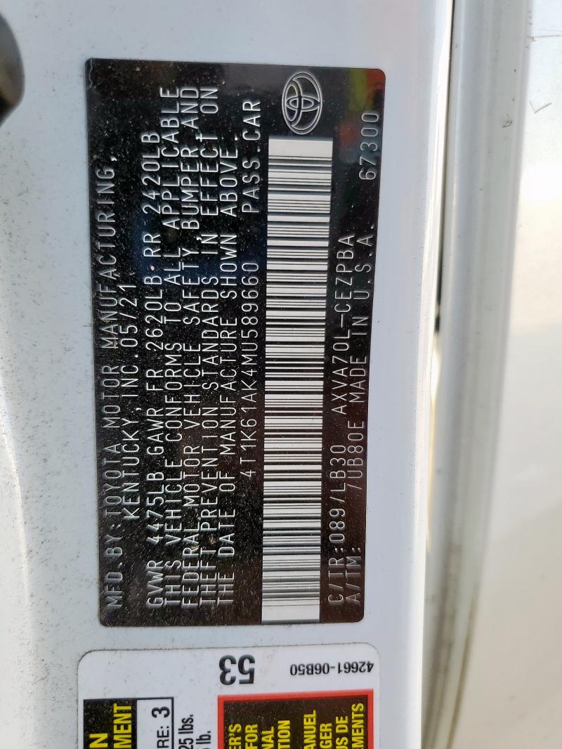 4T1K61AK4MU589660 - 2021 TOYOTA CAMRY XSE WHITE photo 12