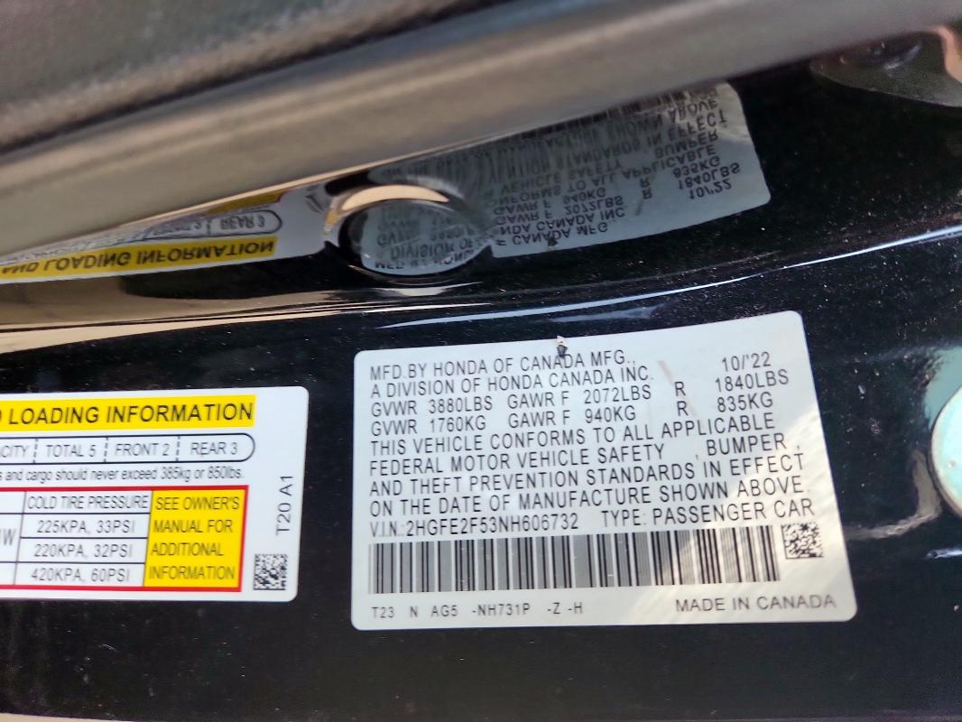 2HGFE2F53NH606732 - 2022 HONDA CIVIC SPORT 黑色 照片 12