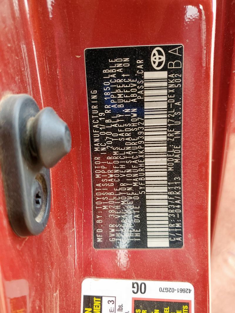 5YFBURHEXKP939327 - 2019 TOYOTA COROLLA L 红色 照片 13