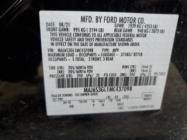 MAJ6S3GL1MC437098 - 2021 FORD ECOSPORT SE BLACK photo 12