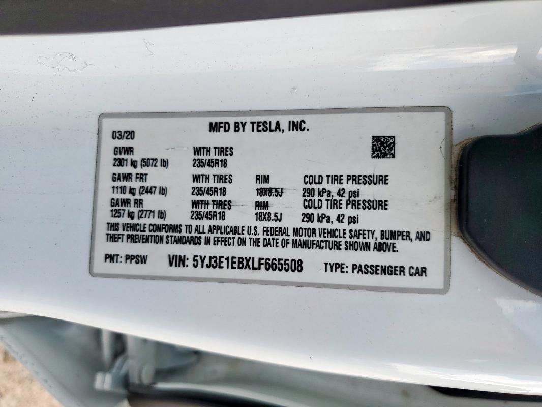 5YJ3E1EBXLF665508 - 2020 TESLA MODEL 3 თეთრი ფოტო 12