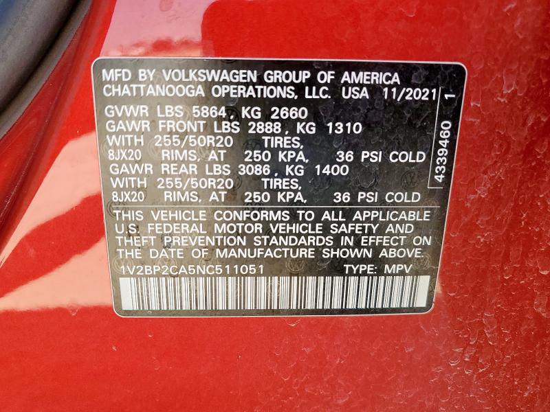 1V2BP2CA5NC511051 - 2022 VOLKSWAGEN ATLAS SEL Qırmızı foto 13