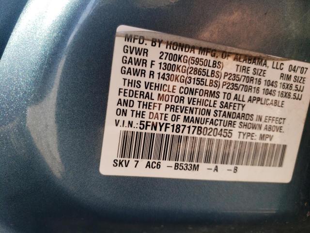 5FNYF18717B020455 - 2007 HONDA PILOT EXL TEAL photo 13