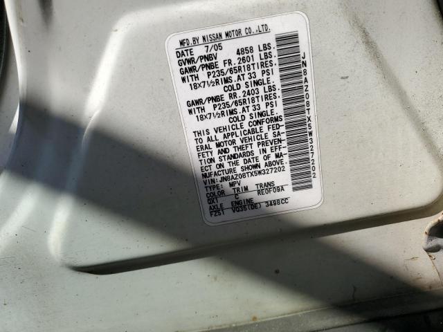 JN8AZ08TX5W327202 - 2005 NISSAN MURANO SL WHITE photo 13