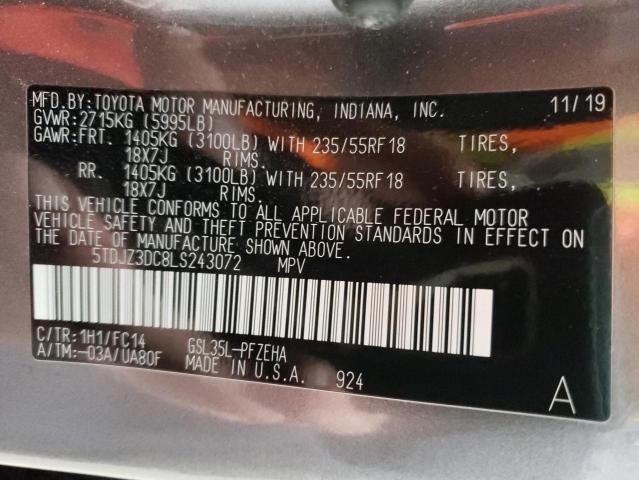 5TDJZ3DC8LS243072 - 2020 TOYOTA SIENNA LE ნაცრისფერი ფოტო 14