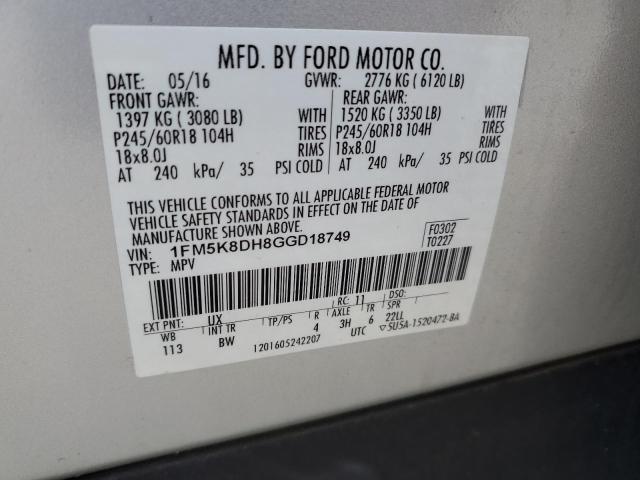 1FM5K8DH8GGD18749 - 2016 FORD EXPLORER XLT SILVER photo 13