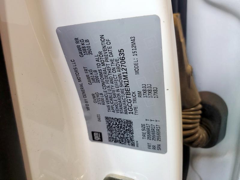 1GCGTBEN1M1270635 - 2021 CHEVROLET COLORADO WHITE photo 12