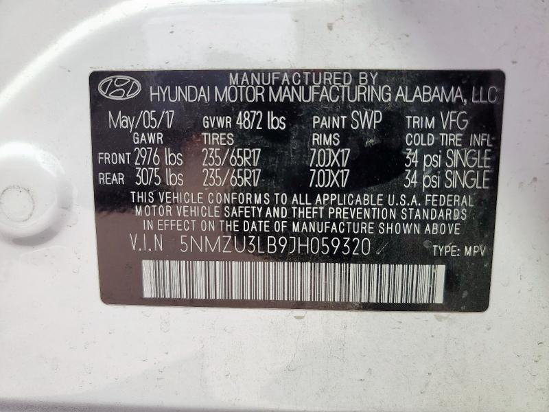 5NMZU3LB9JH059320 - 2018 HYUNDAI SANTA FE S WHITE photo 14