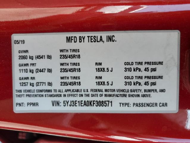 5YJ3E1EA0KF308571 - 2019 TESLA MODEL 3 RED photo 13