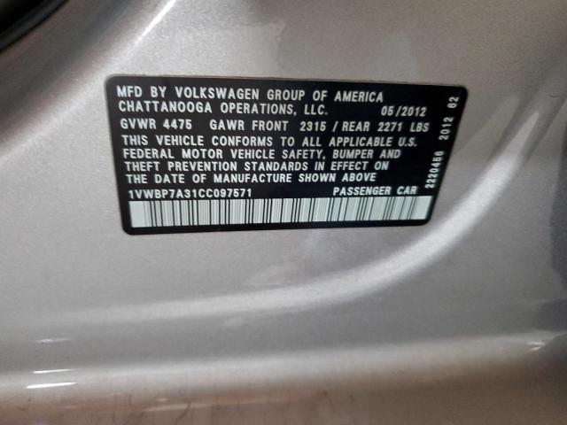 1VWBP7A31CC097571 - 2012 VOLKSWAGEN PASSAT SE ვერცხლისფერი ფოტო 13