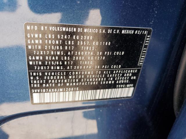 3VV1B7AX6JM120615 - 2018 VOLKSWAGEN TIGUAN S Синий фото 13