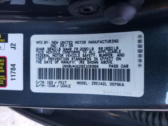 1NXBU40E29Z109366 - 2009 TOYOTA COROLLA BASE GRAY photo 12