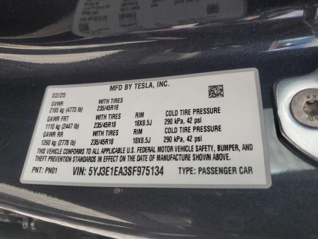 5YJ3E1EA3SF975134 - 2025 TESLA MODEL 3 Qara foto 12