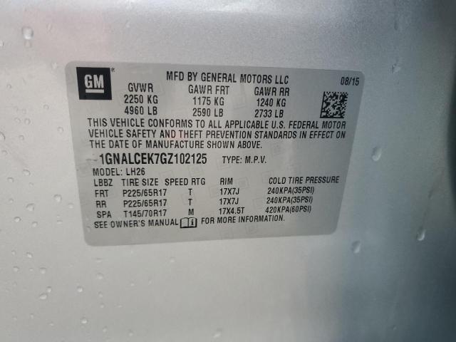 1GNALCEK7GZ102125 - 2016 CHEVROLET EQUINOX LT ვერცხლისფერი ფოტო 13