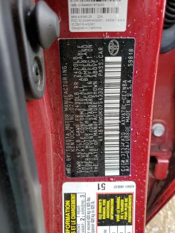 4T1B11HK0KU754332 - 2019 TOYOTA CAMRY L მუქწითელი ფოტო 12