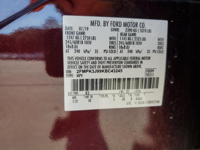 2FMPK3J99KBC43245 - 2019 FORD EDGE SEL MAROON photo 12