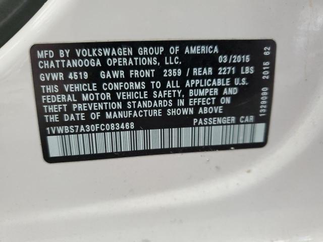 1VWBS7A30FC083468 - 2015 VOLKSWAGEN PASSAT SE WHITE photo 12
