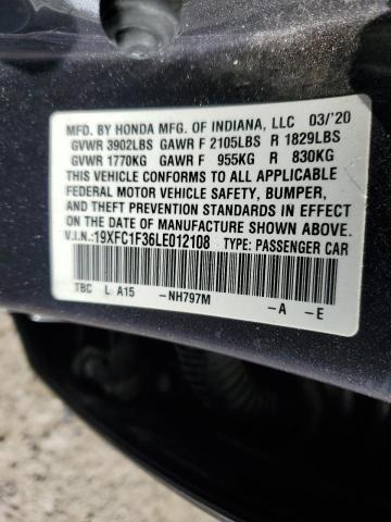 19XFC1F36LE012108 - 2020 HONDA CIVIC EX ნაცრისფერი ფოტო 12