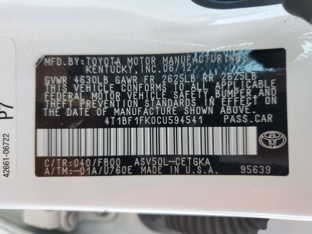 4T1BF1FK0CU594541 - 2012 TOYOTA CAMRY BASE WHITE photo 13