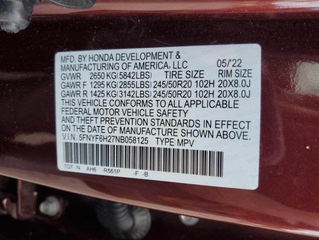 5FNYF6H27NB058125 - 2022 HONDA PILOT SE BURGUNDY photo 13