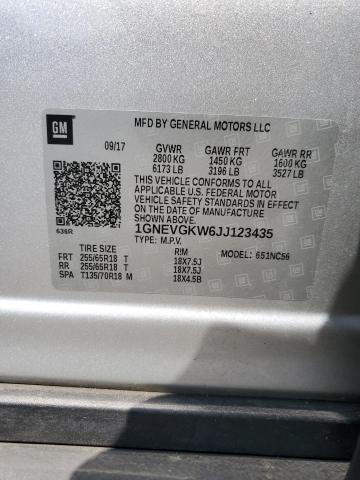 1GNEVGKW6JJ123435 - 2018 CHEVROLET TRAVERSE LT SILVER photo 14