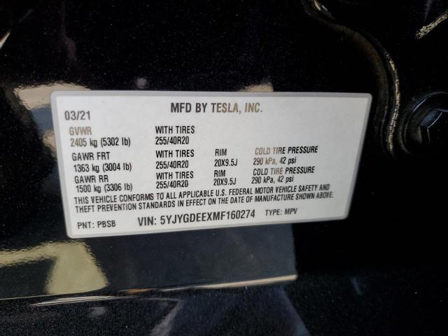 5YJYGDEEXMF160274 - 2021 TESLA MODEL Y BLACK photo 12
