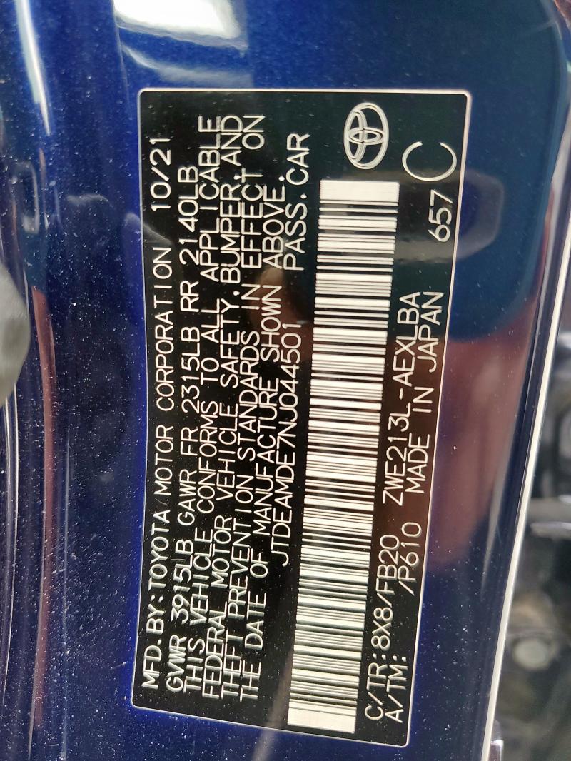 JTDEAMDE7NJ044501 - 2022 TOYOTA COROLLA LE BLUE photo 12