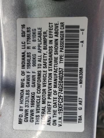 19XFC2F74GE040357 - 2016 HONDA CIVIC EX SILVER photo 13