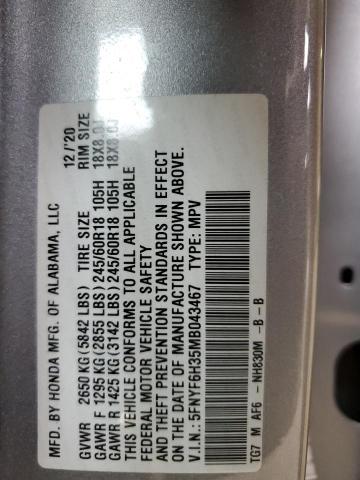 5FNYF6H35MB043467 - 2021 HONDA PILOT EX SILVER photo 14