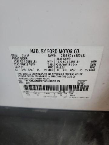 1FM5K8D87KGB05915 - 2019 FORD EXPLORER XLT Weiß Foto 13