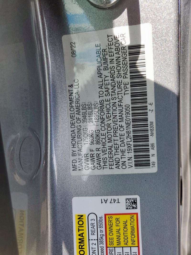 19XFL2H81NE019050 - 2022 HONDA CIVIC SPORT SILVER photo 12