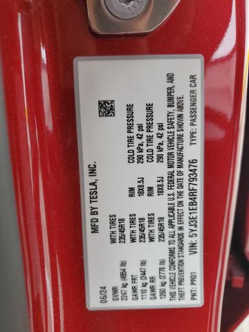 5YJ3E1EB4RF793476 - 2024 TESLA MODEL 3 RED photo 13