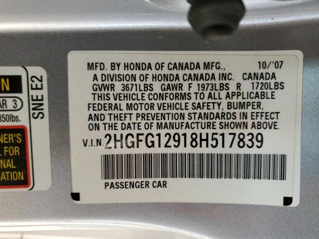 2HGFG12918H517839 - 2008 HONDA CIVIC EXL ვერცხლისფერი ფოტო 12