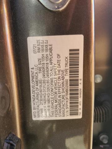 5FPYK3F76MB020660 - 2021 HONDA RIDGELINE RTL GRAY photo 12