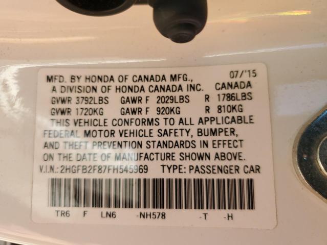 2HGFB2F87FH545969 - 2015 HONDA CIVIC EX WHITE photo 12