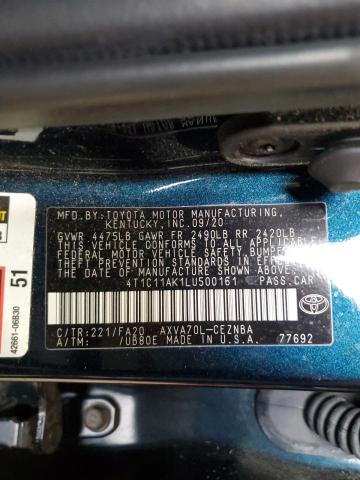 4T1C11AK1LU500161 - 2020 TOYOTA CAMRY LE Mavi fotoğraf 12