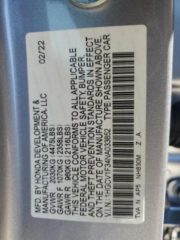 1HGCV1F34NA033852 - 2022 HONDA ACCORD SPORT ვერცხლისფერი ფოტო 13